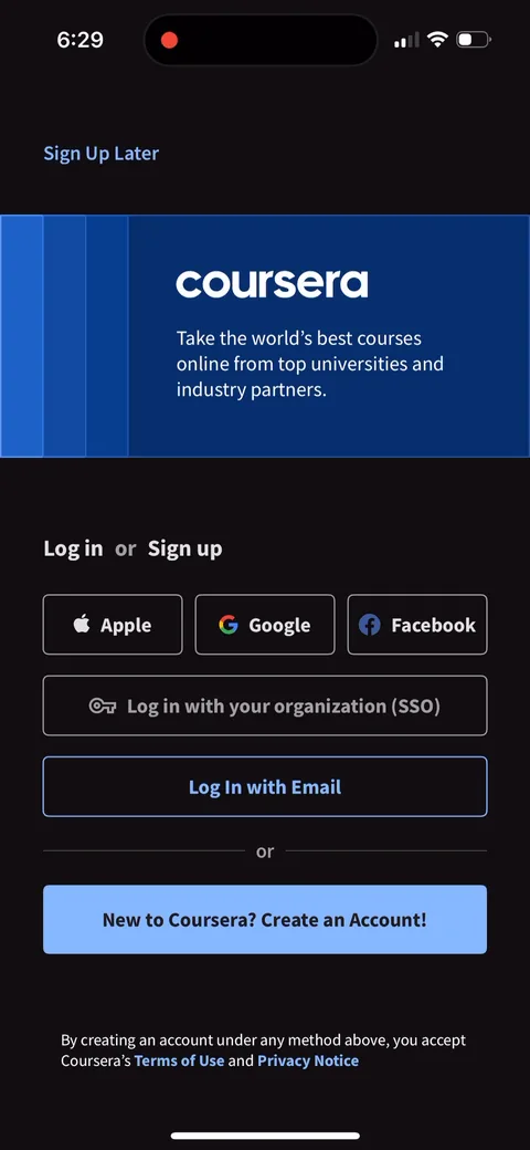 Coursera onboarding screen 15: Signup finally appears, with 'Sign Up Later' in the corner