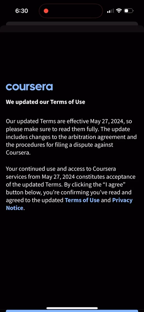 Coursera onboarding screen 23: A full Terms of Use update served to a brand new account