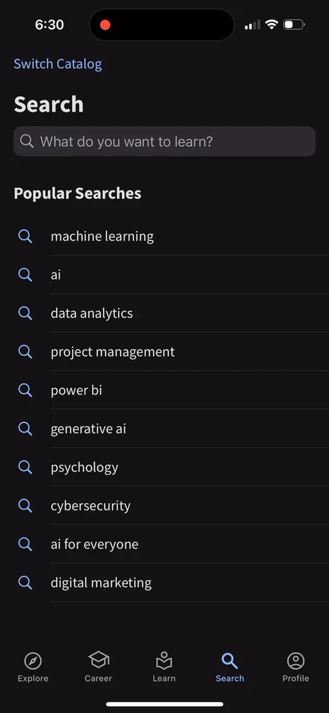 Coursera onboarding screen 26: Search is where the product actually starts for most people, and there's no history to personalize it with