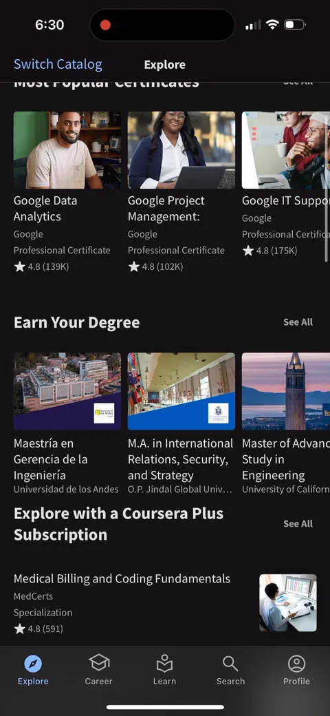 Coursera onboarding screen 29: 'Explore with a Coursera Plus Subscription' as a shelf inside the catalog, alongside Most Popular…