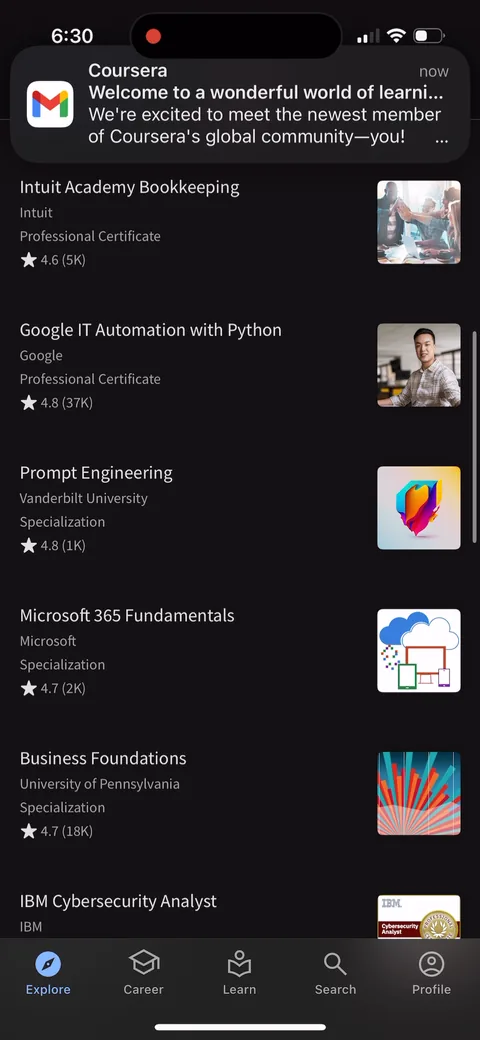 Coursera onboarding screen 34: 'Welcome to a wonderful world of learning
