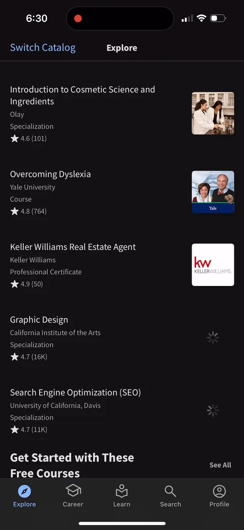 Coursera onboarding screen 36: 'Get Started with These Free Courses' as its own shelf