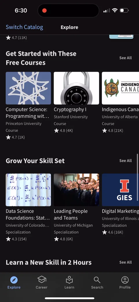 Coursera onboarding screen 42: 'Learn a New Skill in 2 Hours'