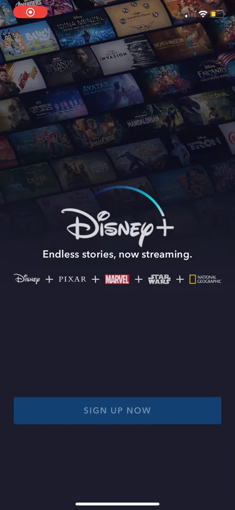 Disney onboarding screen 2: The whole landing is the brand stack: Disney, Pixar, Marvel, Star Wars, Nat Geo, with 'Endless stories, now…