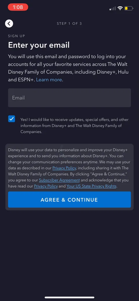 Disney onboarding screen 3: Email is step 1, before you've seen a second of content