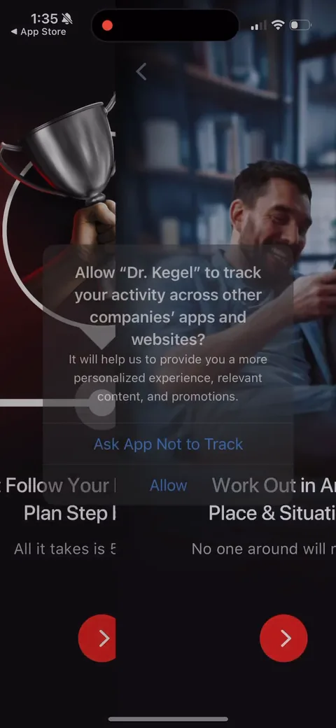 Dr Kegal App onboarding screen 4: ATT tracking prompt this early, before any value
