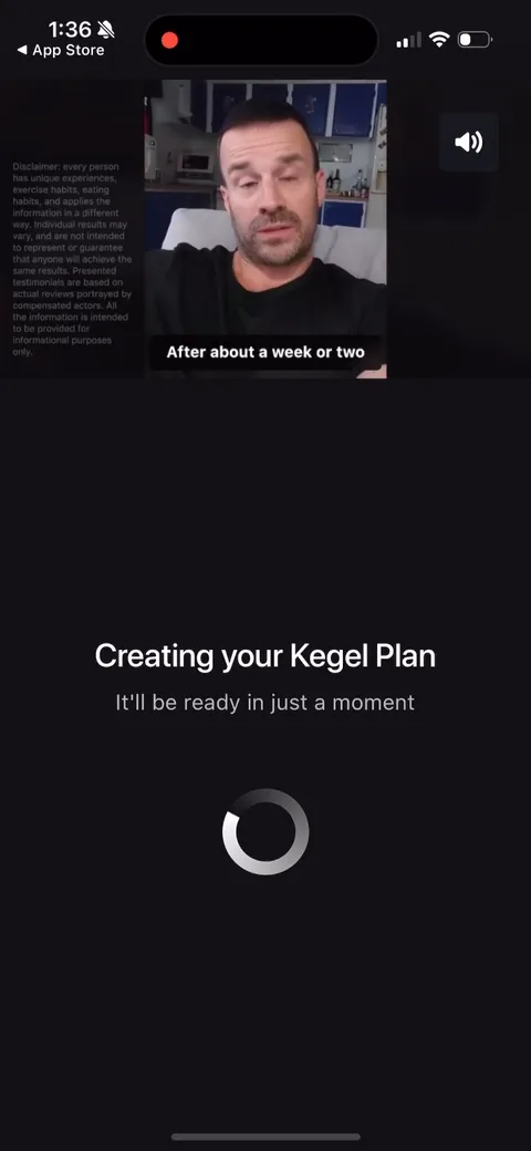 Dr Kegal App onboarding screen 9: 'Creating your Kegel Plan' loading screen with a video testimonial playing on top