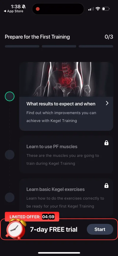 Dr Kegal App onboarding screen 126: 'Prepare for the First Training' (0/3) with a 'LIMITED OFFER 04:59' countdown and a 7-day free trial button