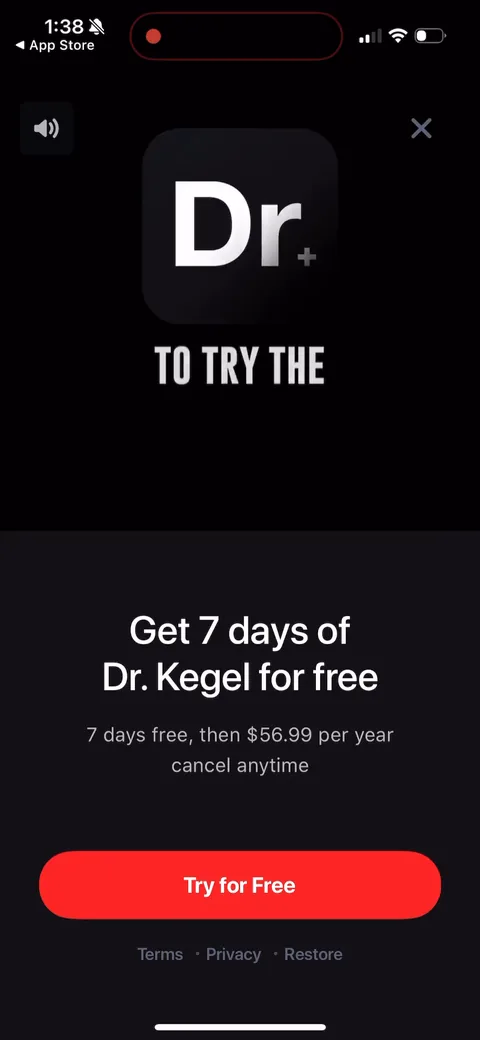 Dr Kegal App onboarding screen 128: 7-day free trial paywall with a close X, '$56.99/year after'