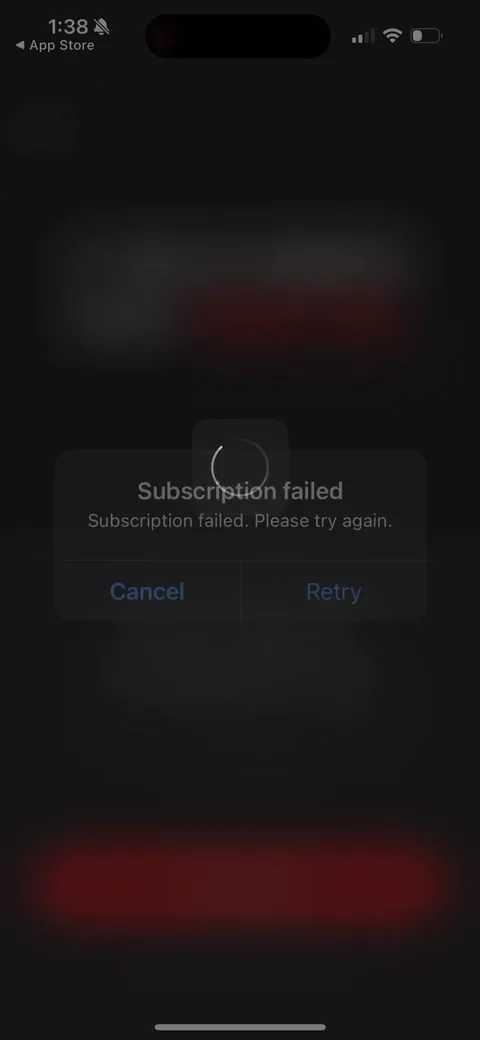 Dr Kegal App onboarding screen 138: Subscription failed dialog with Cancel/Retry