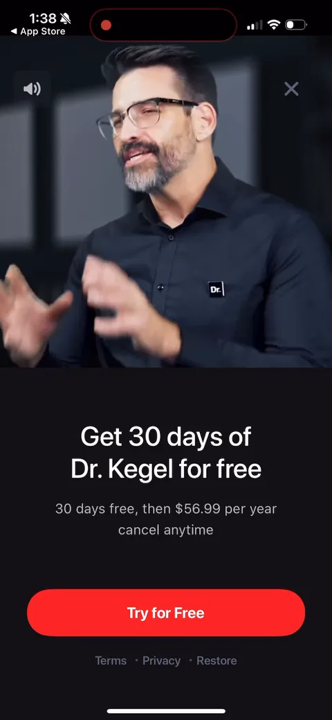 Dr Kegal App onboarding screen 153: Now it's 30 days free, up from 7