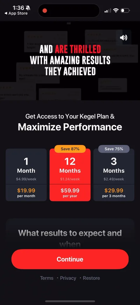Dr Kegal App onboarding screen 33: First paywall: three tiers with 12 Months defaulted ($59.99/year, 'Save 87%') and anchored against the $19.99…