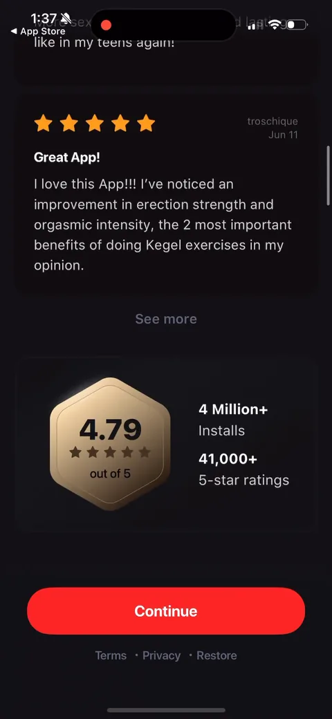 Dr Kegal App onboarding screen 62: Review wall right above Continue: 4.79 stars, '4 Million+ installs, 41,000+ 5-star ratings', plus scrollable…
