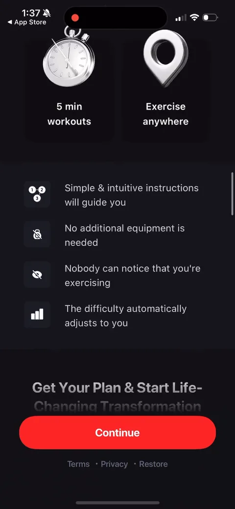 Dr Kegal App onboarding screen 67: Start of a long-form sales scroll: Kegel plan, groin fitness, mind cleaner, daily challenges, progress…
