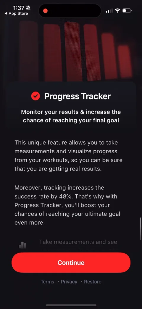 Dr Kegal App onboarding screen 85: Progress tracker section leans on a stat: 'tracking increases the success rate by 48%'