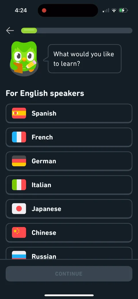 Duolingo onboarding screen 9: Language selection first, before anything about you