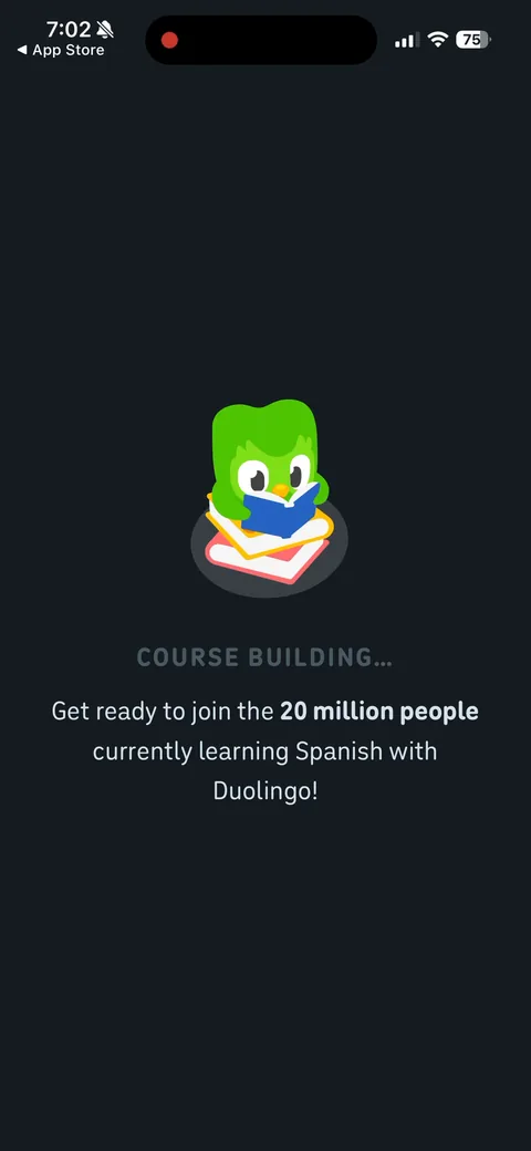 Duolingo onboarding screen 10: 'Get ready to join the 20 million people currently learning Spanish.' Social proof on the loading screen…