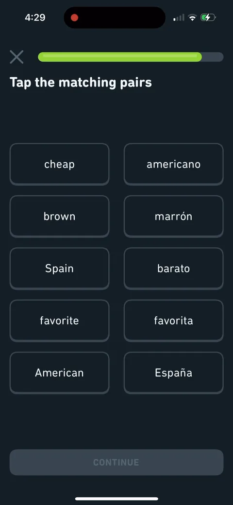 Duolingo onboarding screen 105: 'Tap the matching pairs.' Exercise types keep rotating, speak, select the image, translate, match