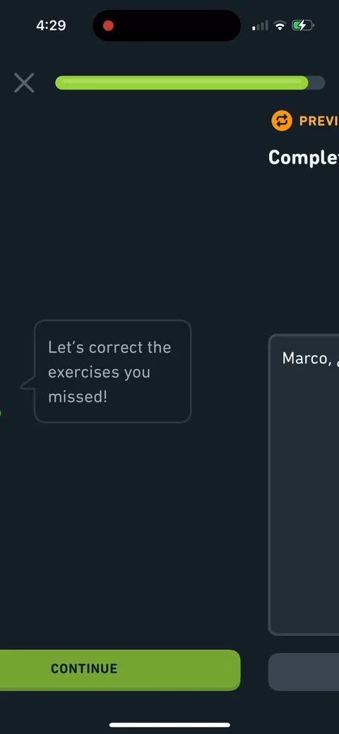 Duolingo onboarding screen 113: 'Let's correct the exercises you missed.' Mistakes get replayed at the end of the lesson rather than punished…