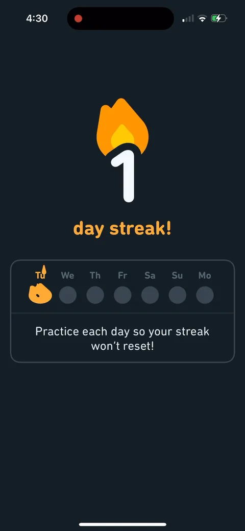 Duolingo onboarding screen 127: '1 day streak