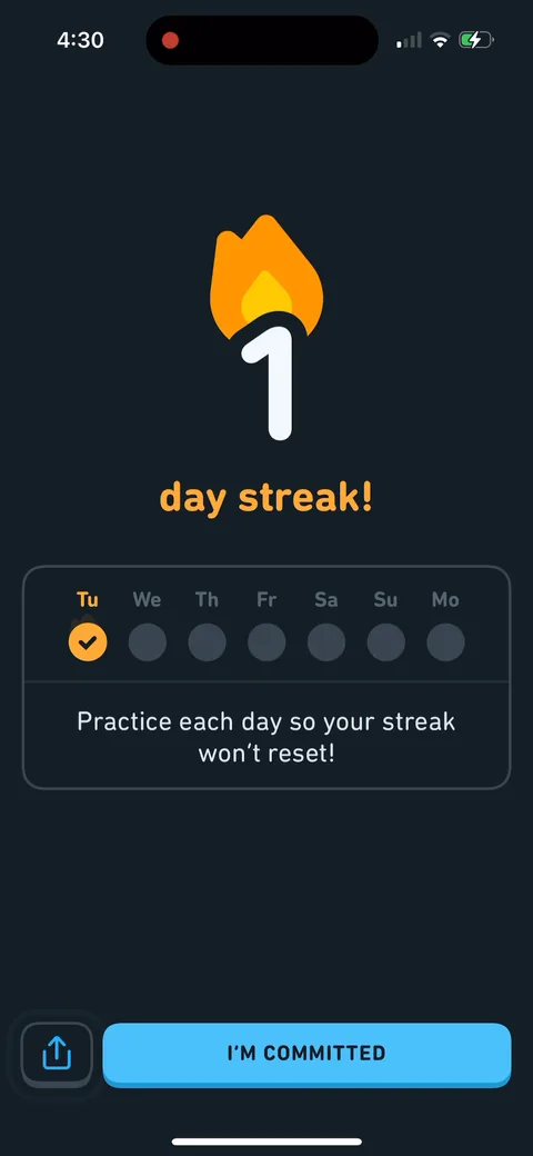 Duolingo onboarding screen 128: 'I'M COMMITTED' as the button