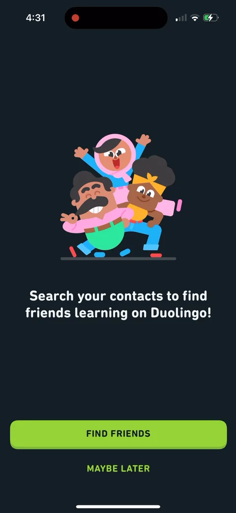 Duolingo onboarding screen 160: 'Search your contacts to find friends learning on Duolingo' with 'Maybe later'