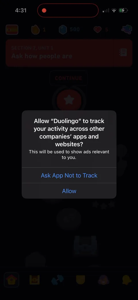 Duolingo onboarding screen 165: And the ATT prompt is the very last thing