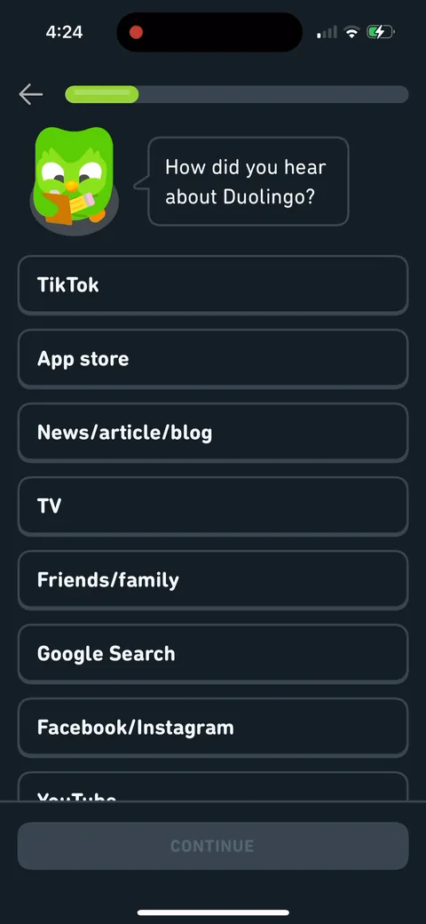 Duolingo onboarding screen 17: 'How did you hear about Duolingo?' with TikTok listed first