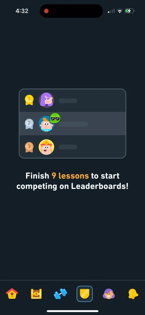 Duolingo onboarding screen 176: 'Finish 9 lessons to start competing on leaderboards.' Gating the social layer behind effort, so the…