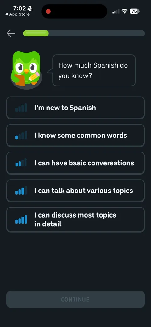Duolingo onboarding screen 18: 'How much Spanish do you know?' with five honest bands and signal-bar icons