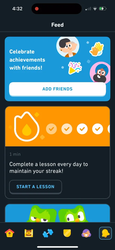 Duolingo onboarding screen 182: The feed with 'Complete a lesson every day to maintain your streak' and a 1 min estimate on it