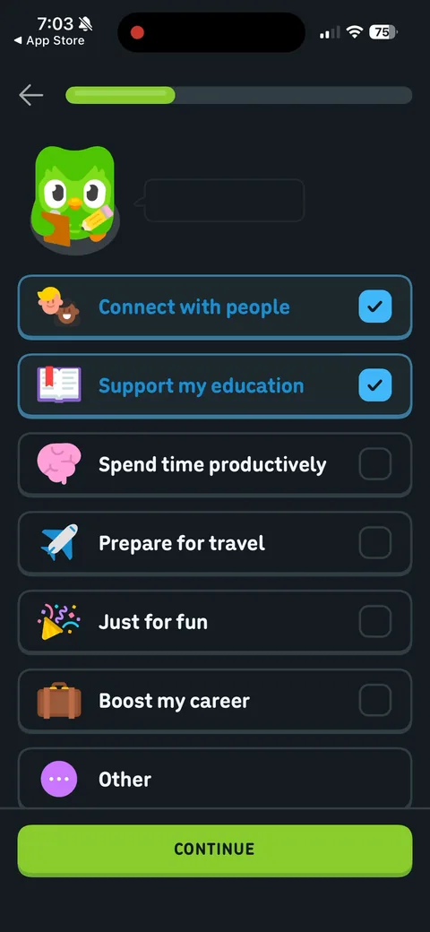 Duolingo onboarding screen 23: 'Why are you learning Spanish?' with checkboxes, and Duo reacts to each pick ('Let's ace those tests!')
