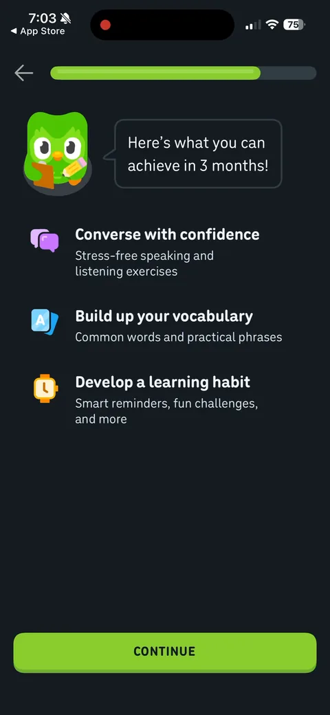 Duolingo onboarding screen 28: 'Here's what you can achieve in 3 months': converse with confidence, build vocabulary, develop a habit