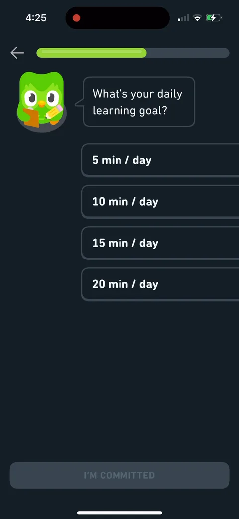 Duolingo onboarding screen 28: Daily goal with identity labels attached: 5 min is Casual, 10 is Regular, 15 is Serious, 20 is Intense