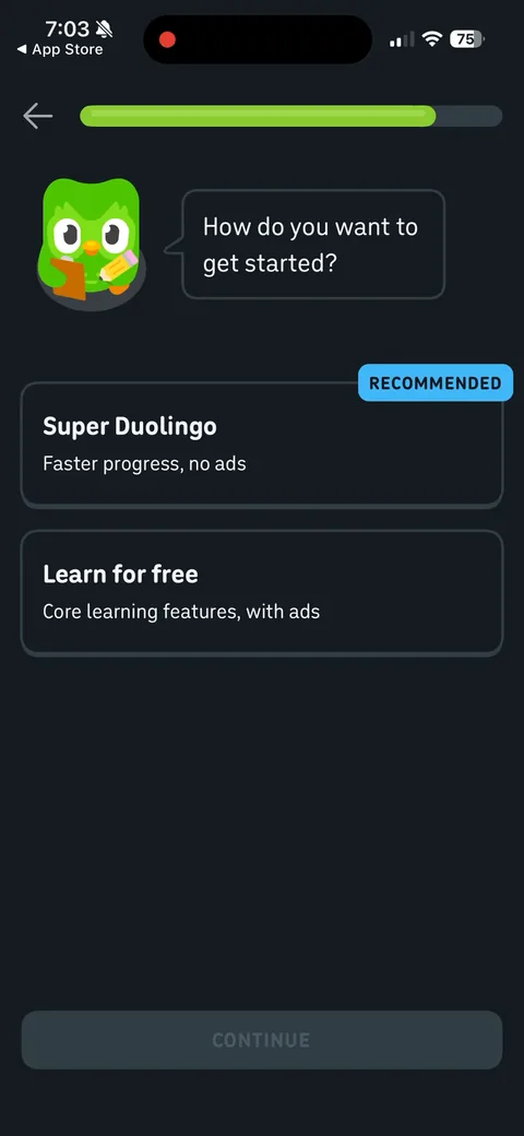 Duolingo onboarding screen 29: 'How do you want to get started?' Super Duolingo (RECOMMENDED) vs Learn for free, asked by Duo with the quiz…