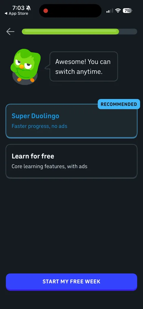 Duolingo onboarding screen 31: Pick Super and Duo says 'Awesome