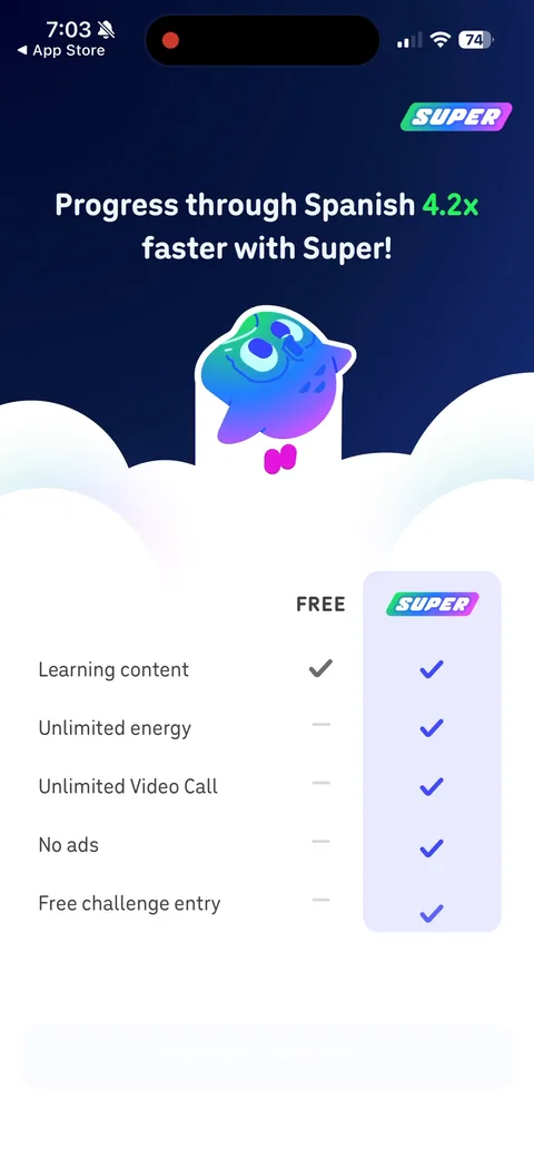 Duolingo onboarding screen 33: 'Progress through Spanish 4.2x faster with Super!' A Free vs Super table where Free only gets 'Learning…