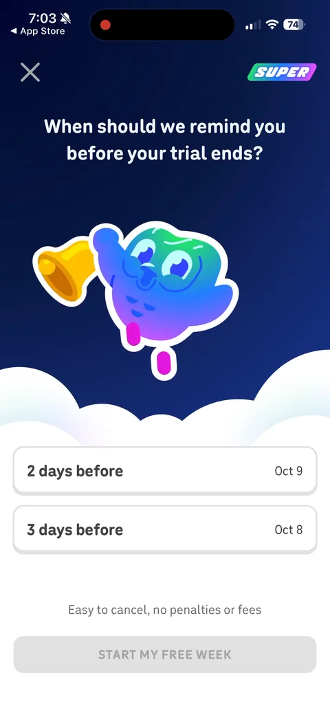 Duolingo onboarding screen 35: 'When should we remind you before your trial ends?' and you pick 2 or 3 days before, with real dates