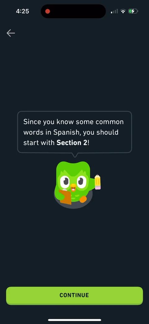 Duolingo onboarding screen 36: 'Since you know some common words in Spanish, you should start with Section 2.' The self-assessment from a…