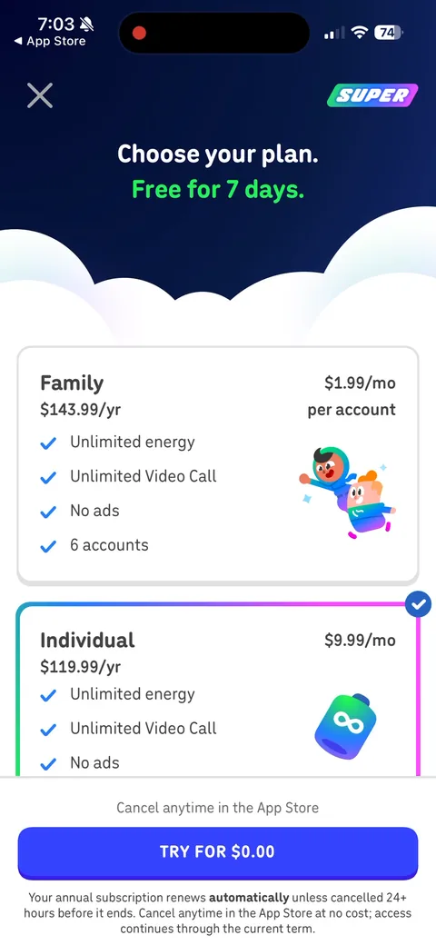 Duolingo paywall with pricing, onboarding screen 37