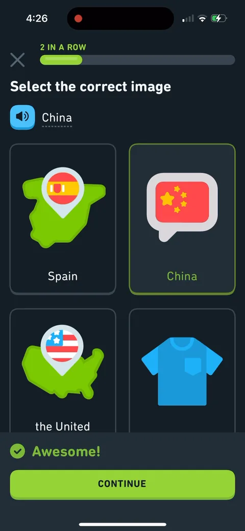 Duolingo onboarding screen 48: '2 in a row!' combo counter appearing in the second exercise