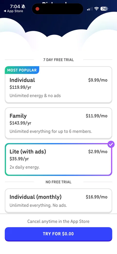 Duolingo onboarding screen 48: 'View all plans' opens the real menu: Lite (with ads) at $2.99/mo, and Individual monthly at $16.99/mo under…