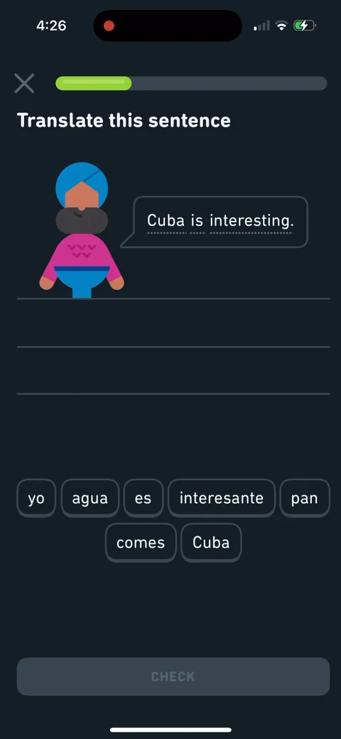 Duolingo onboarding screen 54: Word bank translation rather than free typing