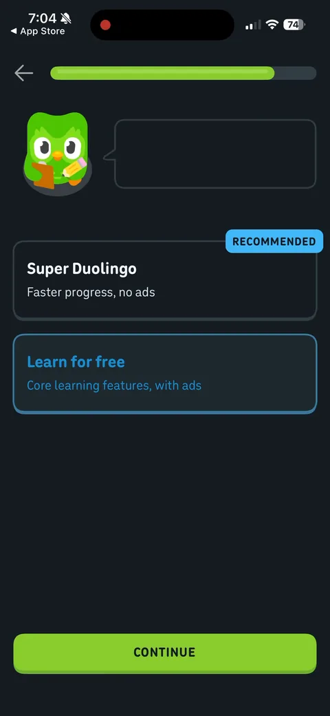 Duolingo onboarding screen 62: Close the paywall and you land back on the Super vs Free question, with Super still selected and 'Start my…