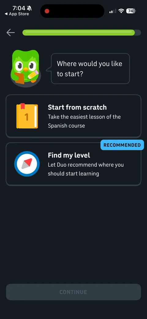 Duolingo onboarding screen 65: 'Where would you like to start?' Start from scratch, or 'Find my level' marked RECOMMENDED