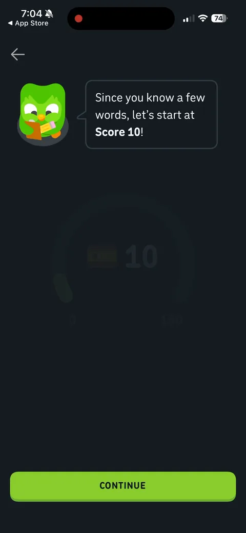 Duolingo onboarding screen 76: 'Since you know a few words, let's start at Score 10!' In Dec 2024 placement was 'start with Section 2'