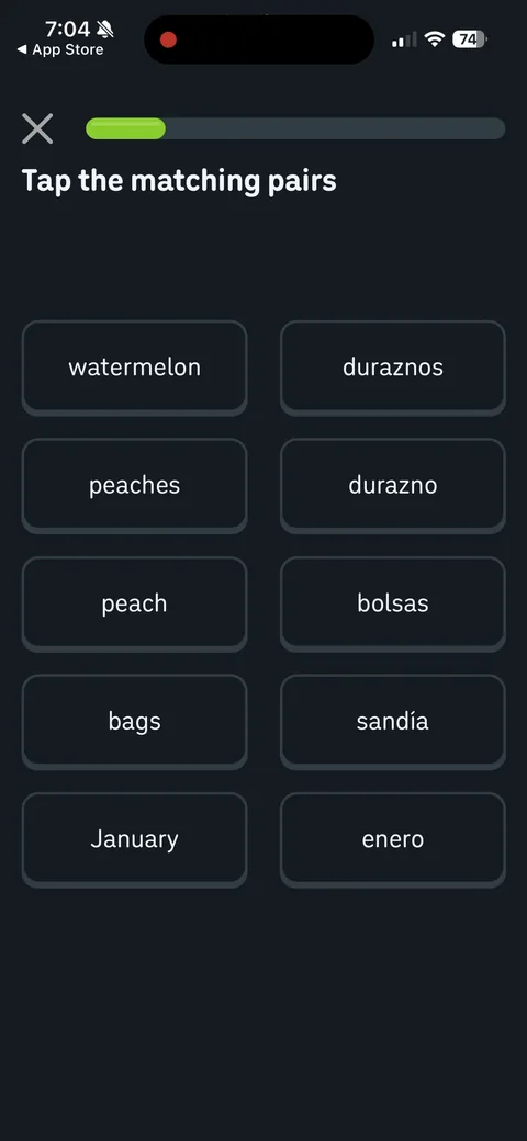 Duolingo onboarding screen 78: First exercise is 'Tap the matching pairs'