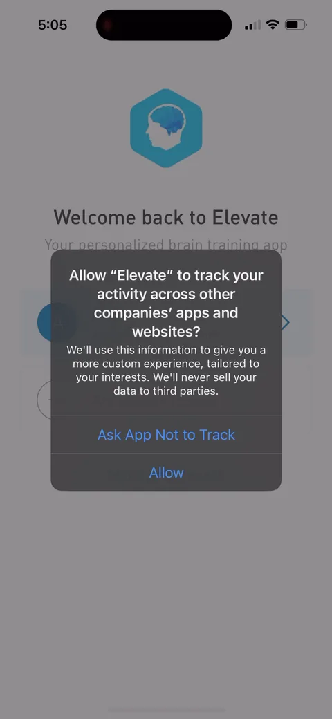 Elevate onboarding screen 4: The ATT prompt with their own explainer above it, and the line that matters is 'We'll never sell your data to…