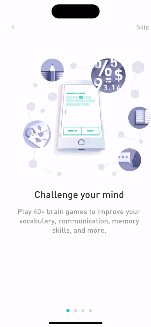 Elevate onboarding screen 9: Three value prop screens with a Skip, all of them about outcomes rather than features: challenge your mind…