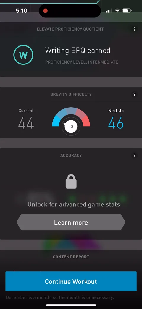 Elevate onboarding screen 114: EPQ earned, proficiency level, current and next up